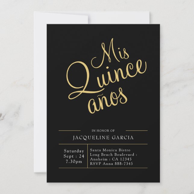 Mis Quince Anos Black Gold Modern Quinceanera Invitation (Front)
