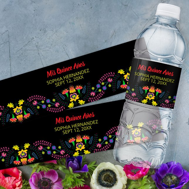 Mis Quince Anos Black Mexican Fiesta Party Water Bottle Label (Water bottle labels from my Mexican Fiesta Party Quinceanera Collection 
)