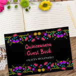 Mis Quince Anos Black Mexican Floral Quinceanera Guest Book<br><div class="desc">Personalise this super pretty, black Quinceanera Guest Book for your traditional or girly Quinceanera. The Mexican Fiesta theme has shapely borders of folk art style flowers which run seamlessly across the front and back. The front cover has beautiful calligraphy on the front cover reads "Quinceañera Guest Book" in pink, followed...</div>