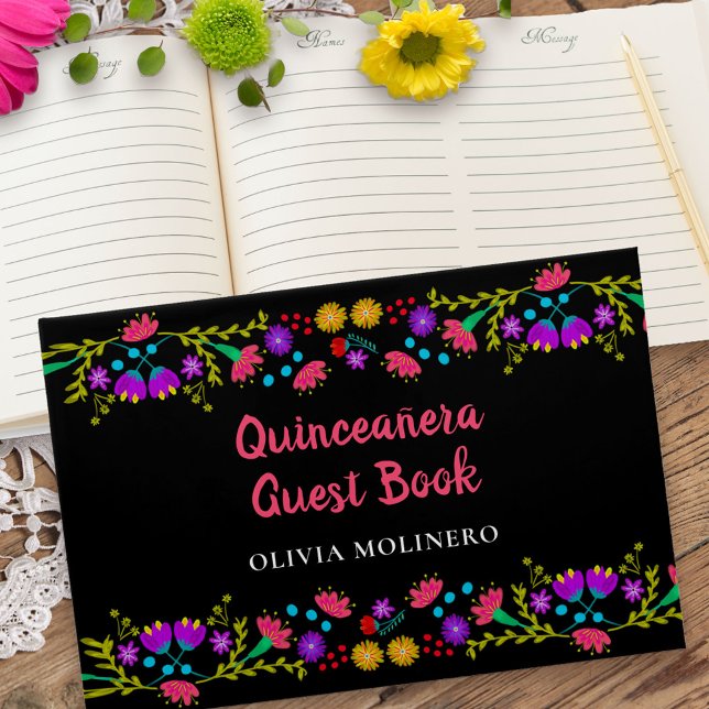 Mis Quince Anos Black Mexican Floral Quinceanera Guest Book (Quinceanera Guest Book from my Mexican Fiesta Floral collection)