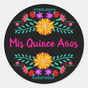Mis Quince Anos Black Pink Mexican Fiesta Flowers Classic Round Sticker