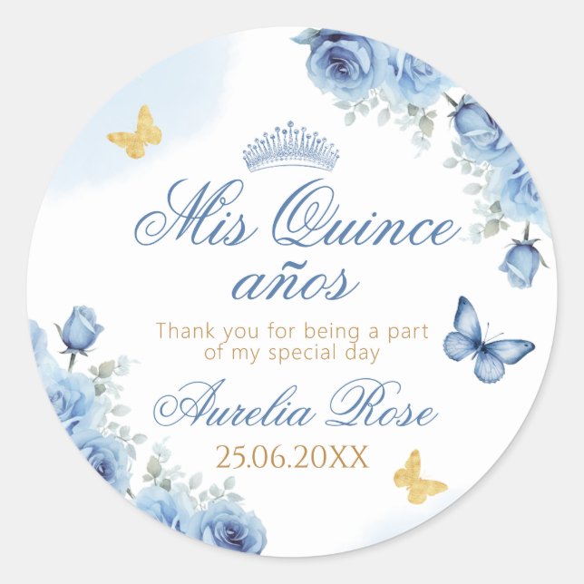 Mis Quince años Blue Floral Gold Butterfly Classic Round Sticker (Front)