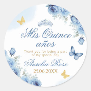 Mis Quince años Blue Floral Gold Butterfly Classic Round Sticker