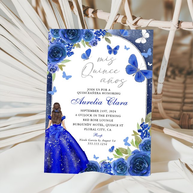 Mis Quince Anos Blue Silver Rose Quinceanera Invitation (Creator Uploaded)