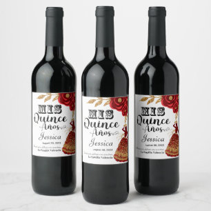 Mis Quince Anos Burgundy Floral Western Wine Label