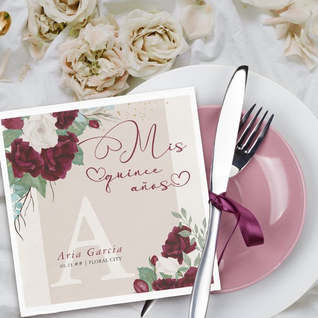 Mis Quince Anos Burgundy Ivory Floral Monogrammed Napkin (Mis Quince napkins with monogram from my Royal Roses collection
)