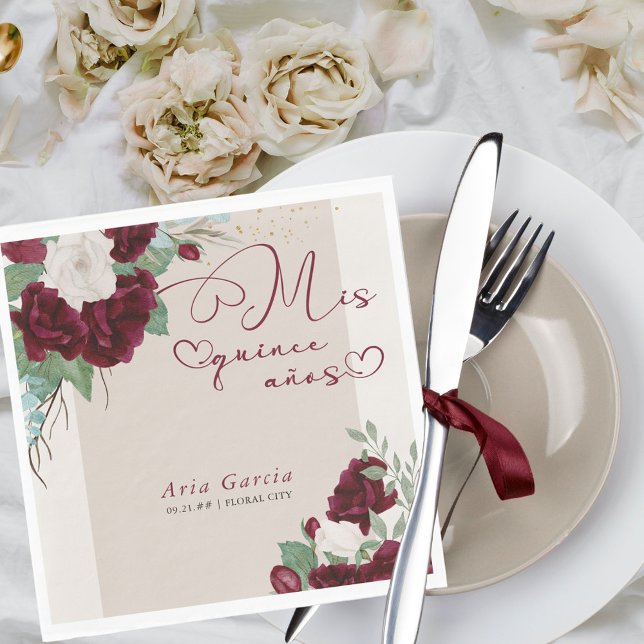 Mis Quince Anos Burgundy Ivory Floral Quinceanera  Napkin (Mis Quince napkins with burgundy red roses from my Royal Roses collection
)