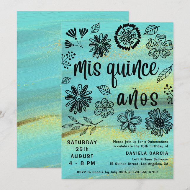 Mis Quince Años Chic Turquoise Floral Quinceañera Invitation (Front/Back)
