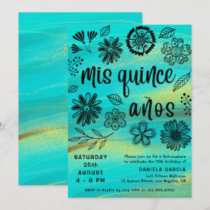 Mis Quince Años Chic Turquoise Floral Quinceañera Invitation