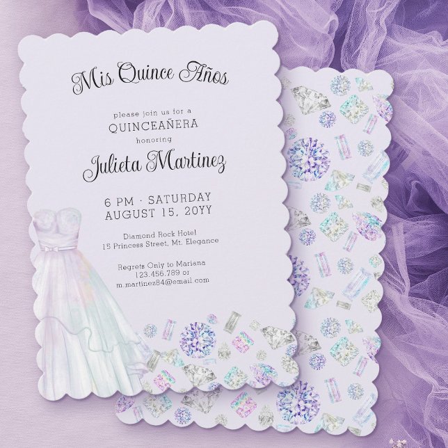 Mis Quince Anos Diamond Princess Lilac Quinceanera Invitation (Mis Quince Invitation with princess dress and diamonds)