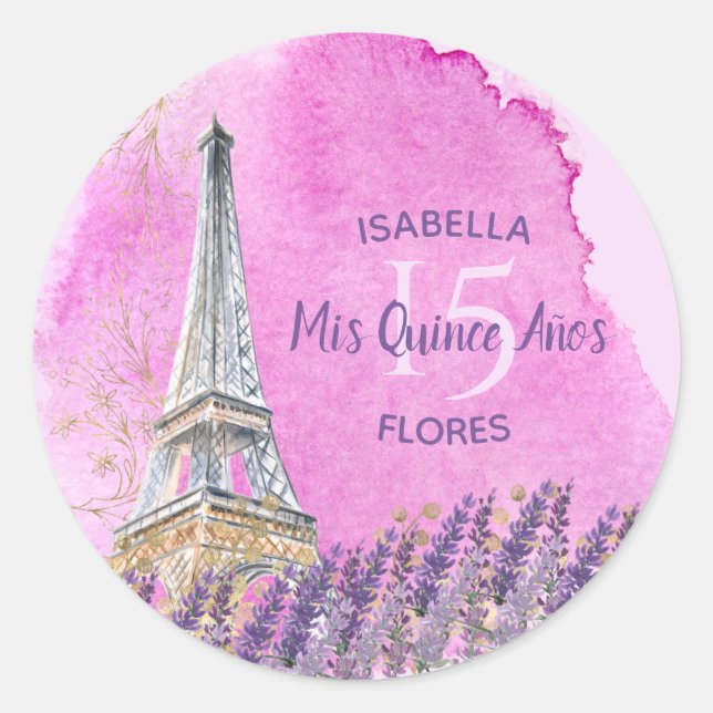 Mis Quince Años Eiffel Tower Pink Gold Paris Theme Classic Round Sticker (Front)