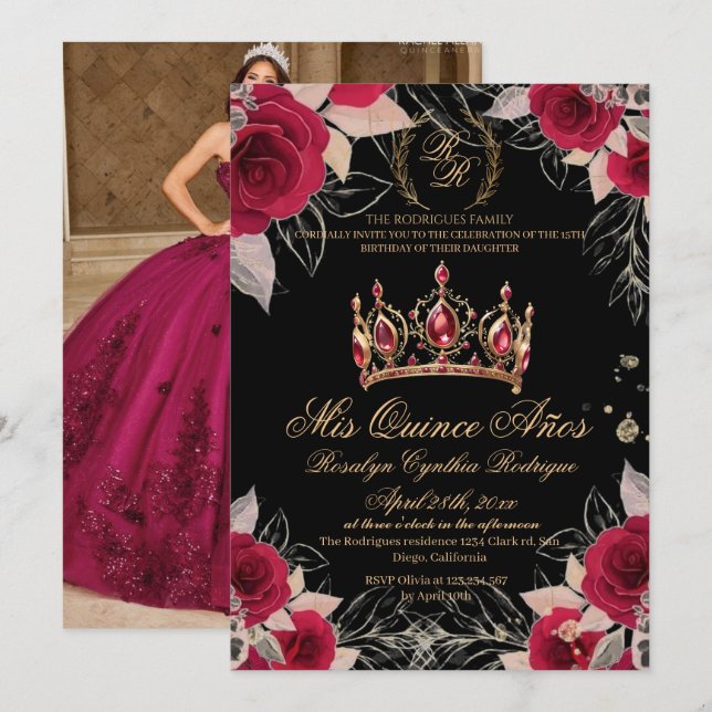  Mis Quince Anos Elegant Black Red 15th Birthday Invitation (Front/Back)
