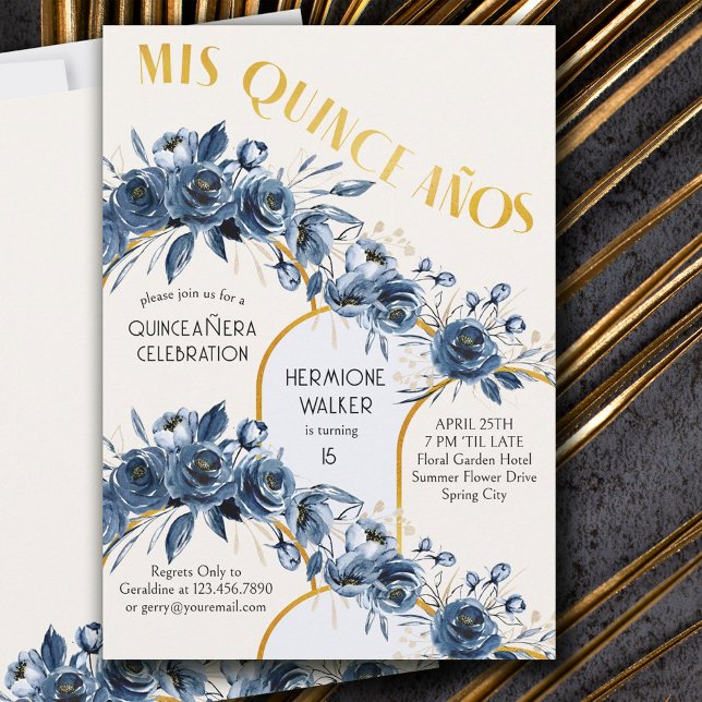 Mis Quince Anos Gold Arch Blue Rose 15th Birthday Invitation (Creator Uploaded)