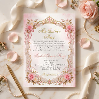 Mis Quince Años, Gold Tiara pink floral  Invitation