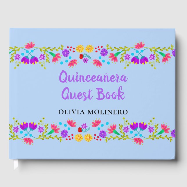 Mis Quince Anos Light Blue Floral Quinceanera Guest Book (Front)