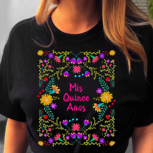 Mis Quince Anos Mexican Fiesta Black Pink Birthday T-Shirt (Quinceanera tee from my Mexican Fiesta Floral collection)