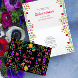 Mis Quince Anos Mexican Fiesta Black Quinceanera Invitation<br><div class="desc">This horizontal Mis Quince Anos invitation is super pretty and fully decorated inside and out with the happy charm of Mexican Fiesta and Folk Art. The invitation has a cheerful colour palette of pink, purple, yellow, red, green blue, yellow on a black background. The design on the front has the...</div>