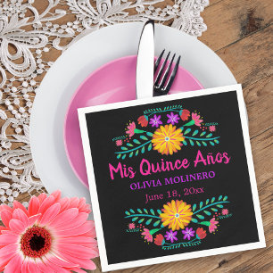 Mis Quince Anos Mexican Fiesta Quincenera Black Napkin
