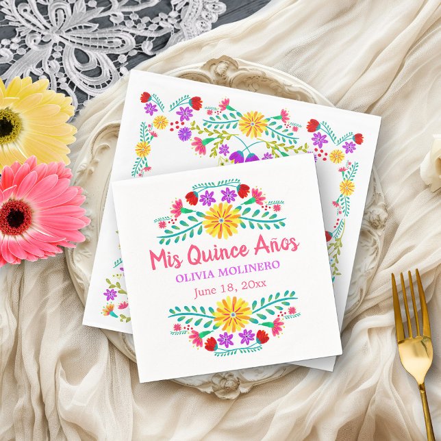 Mis Quince Anos Mexican Fiesta Quincenera Custom Napkin (Mis Quince cocktail napkins from my Mexican Fiesta Flowers Quinceanera Collection)