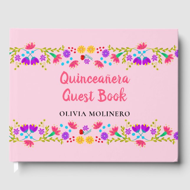 Mis Quince Anos Mexican Floral Pink Quinceanera Guest Book (Front)