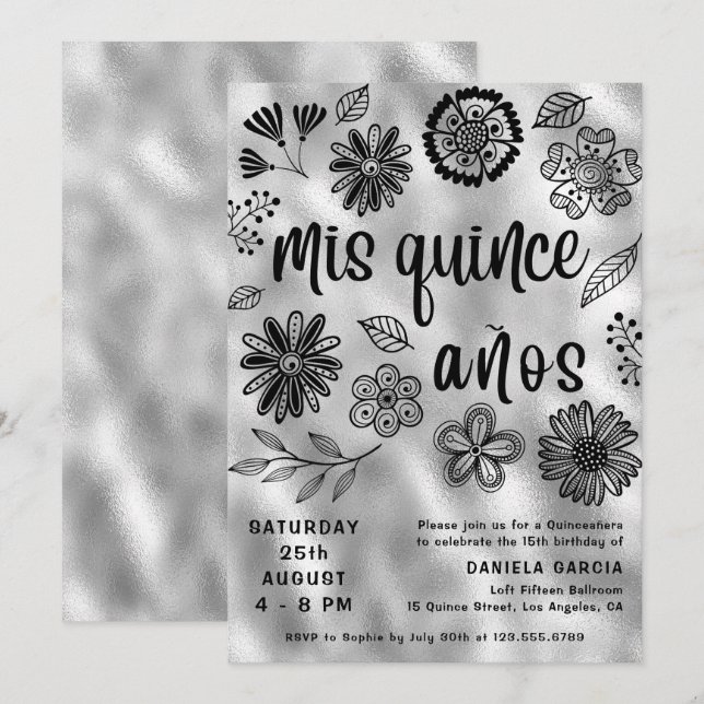 Mis Quince Años Modern Silver Floral Quinceañera Invitation (Front/Back)