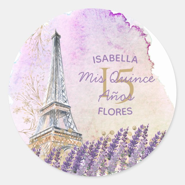 Mis Quince Años Paris Eiffel Tower French Lavender Classic Round Sticker (Front)