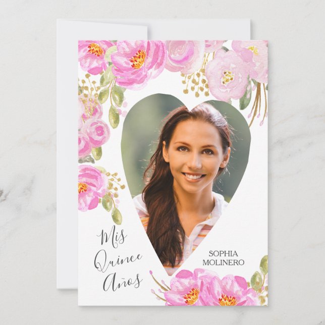 Mis Quince Anos Photo Pink Gold Floral Quinceanera Invitation (Front)