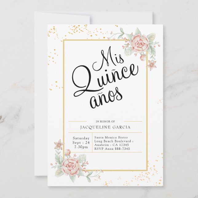 Mis Quince Anos Pink Floral Quinceañera Invitation (Front)