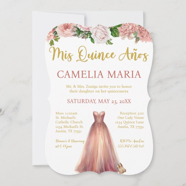 Mis Quince Anos Pink Gold Birthday Invitation (Front)