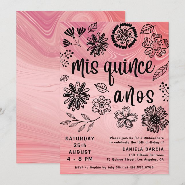 Mis Quince Años Pink Modern Floral Quinceañera Invitation (Front/Back)