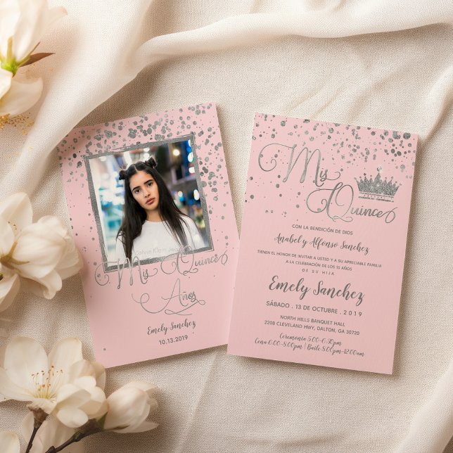 Mis Quince Anos Pink Silver Confetti Spanish Photo Invitation (Creator Uploaded)