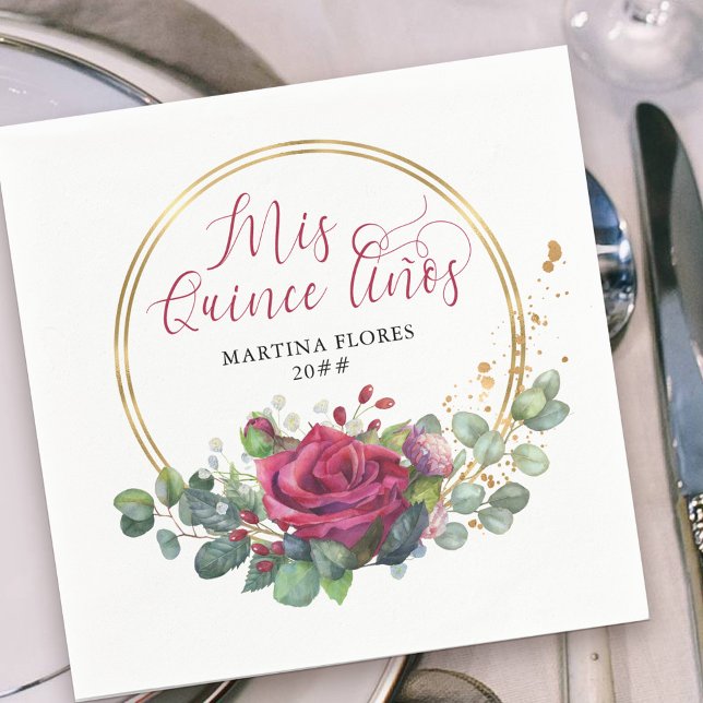 Mis Quince Anos Red Rose and Eucalyptus Party Napkin (Elegant Mis Quince Anos napkins with elegant red rose floral arrangement in gold frame.)