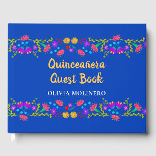 Mis Quince Anos Royal Blue Floral Quinceanera Guest Book