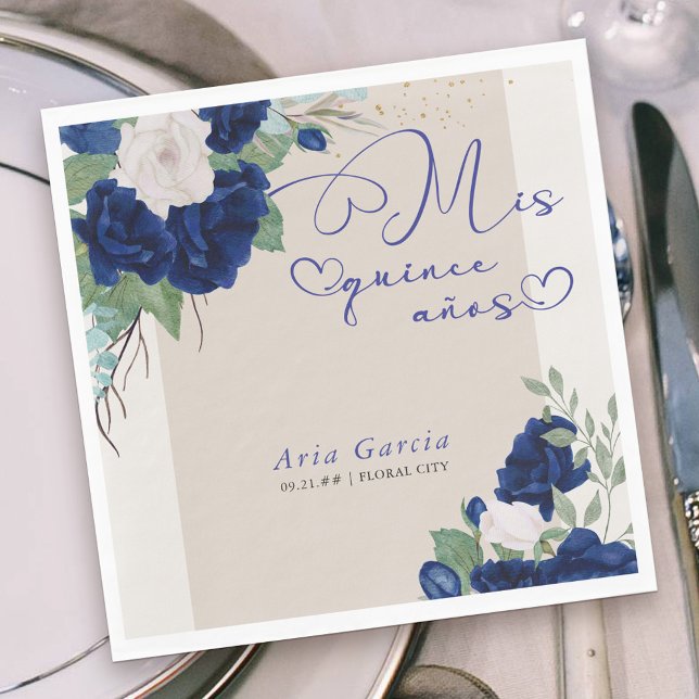 Mis Quince Anos Royal Blue Floral Quinceanera Napkin (Mis Quince Anos party napkins with sweet calligraphy and gorgeous blue and ivory rose blooms)