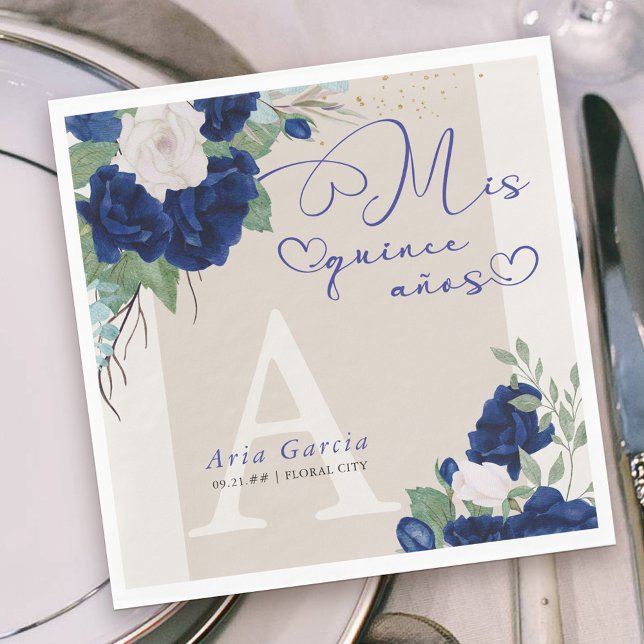 Mis Quince Anos Royal Blue Ivory Floral Monogram Napkin (Monogrammed Mis Quince Anos party napkins with sweet calligraphy and blue and ivory rose blooms)