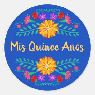 Mis Quince Anos Royal Blue Mexican Fiesta Flowers Classic Round Sticker