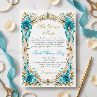 Mis Quince Años, Teal Roses Gold Tiara  Invitation