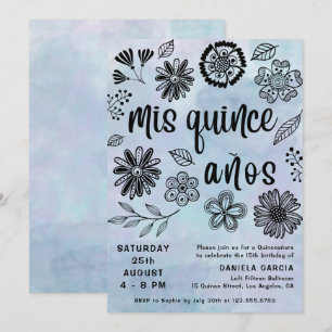 Mis Quince Años Watercolor Blue Floral Quinceañera Invitation