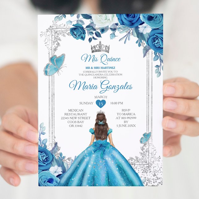 Mis Quince Aqua Teal Floral Crown Quinceañera Invitation (Creator Uploaded)