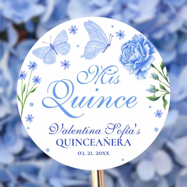 Mis Quince Baby Blue Floral Quinceañera Classic Classic Round Sticker (Mis Quince Baby Blue Floral Quinceañera Classic Classic Round Sticker)