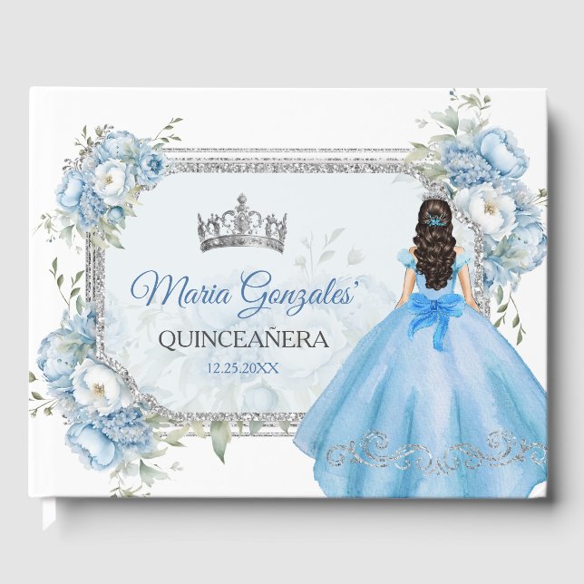 Mis Quince Blue Floral Silver Crown Quinceañera Guest Book (Front)