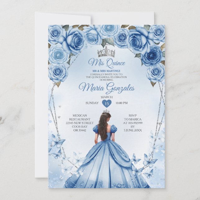 Mis Quince Blue Floral Silver Crown Quinceañera Invitation (Front)
