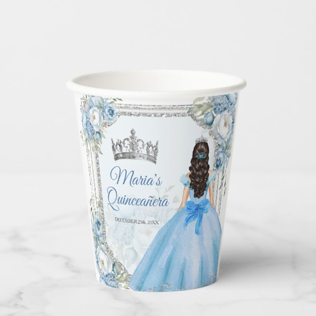 Mis Quince Blue Floral Silver Crown Quinceañera Paper Cups (Front)