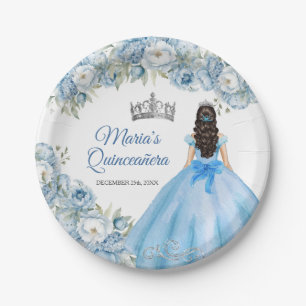 Mis Quince Blue Floral Silver Crown Quinceañera Paper Plate