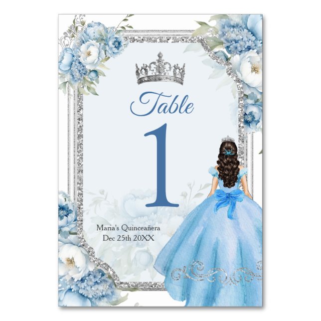 Mis Quince Blue Floral Silver Crown Quinceañera Table Number (Front)