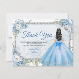 Mis Quince Blue Floral Silver Crown Quinceañera Thank You Card