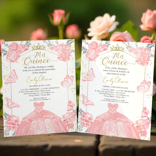 Mis Quince Budget Invitation Bilingual Pink Floral (Creator Uploaded)