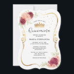 Mis Quince Burgundy Blush Gold Floral Quinceanera Invitation<br><div class="desc">Burgundy blush rose gold quinceanera invitations on an elegant DIY template that can be personalised for a sweet 15/16 birthday party... The beautiful, modern design features pink and burgundy watercolor roses illustrated by Raphaela Wilson. The ornate paper shape accented with a scrolled gown dresses border lends a unique, fairy tale...</div>