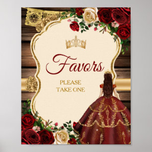 Mis Quince Burgundy Floral Rustic Favors Poster