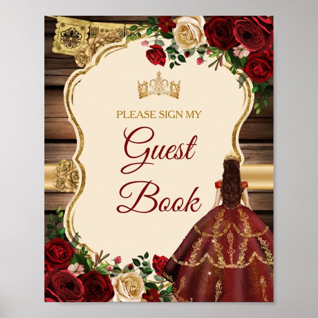 Mis Quince Burgundy Floral Rustic Guest Book (Front)